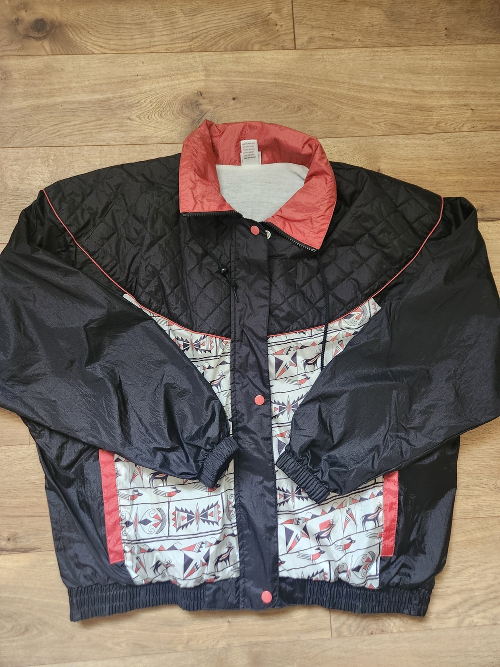 Vintage 80s Windbreaker Prospirit Black Red Pattern Western Quilt Zip Jacket 1X - Picture 2 of 10